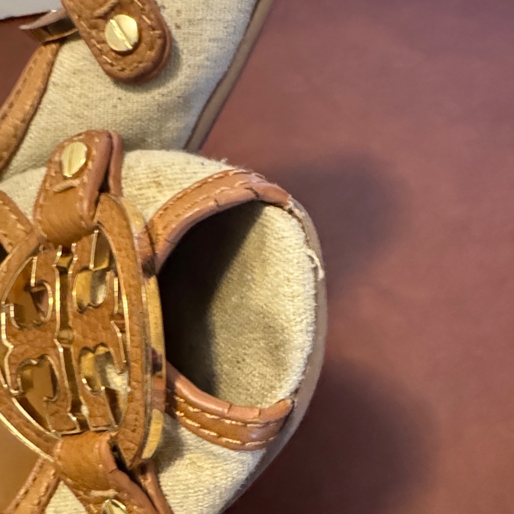 Tory Burch Brown and Cream Peep-Toe Heels - Picture 8 of 9